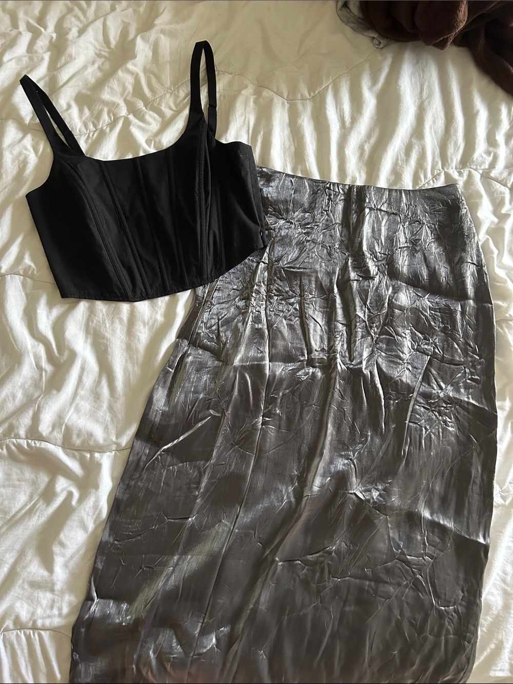 Edgy outfit! Satin Metallic Midi Skirt and corset tank top